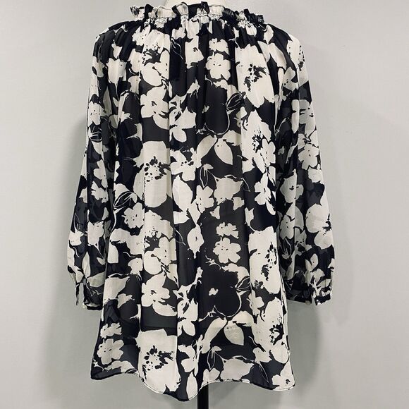 CHAPS 2X Women’s Navy White Floral Sheer Peasant Cottagecore Chic Beachy Blouse - Picture 6 of 15